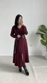 Vetra Çan Kemerli Elbise - Bordo - Görsel 3