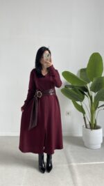 Vetra Çan Kemerli Elbise - Bordo - Görsel 5