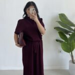 Volas Triko Kuşaklı Elbise - Bordo