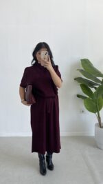 Volas Triko Kuşaklı Elbise - Bordo