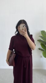 Volas Triko Kuşaklı Elbise - Bordo - Görsel 2