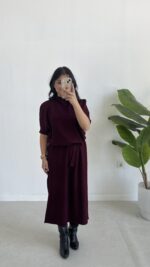 Volas Triko Kuşaklı Elbise - Bordo - Görsel 4