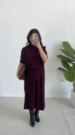 Volas Triko Kuşaklı Elbise - Bordo - Görsel 3