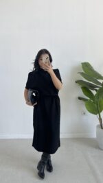 Volas Triko Kuşaklı Elbise - Siyah - Görsel 2