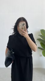 Volas Triko Kuşaklı Elbise - Siyah - Görsel 3