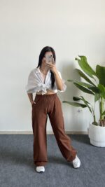 Vole Keten Pantolon - Kahve - Görsel 5