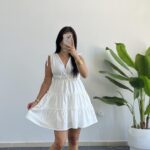 Weras Büzgülü Keten Elbise - Beyaz