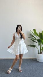 Weras Büzgülü Keten Elbise - Beyaz