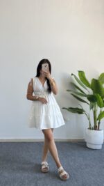 Weras Büzgülü Keten Elbise - Beyaz - Görsel 2