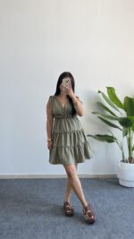 Weras Büzgülü Keten Elbise - Haki - Görsel 5