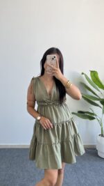 Weras Büzgülü Keten Elbise - Haki - Görsel 2