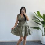 Weras Büzgülü Keten Elbise - Haki