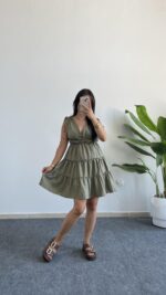 Weras Büzgülü Keten Elbise - Haki