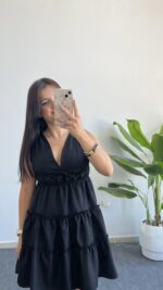 Weras Büzgülü Keten Elbise - Siyah - Görsel 3