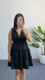 Weras Büzgülü Keten Elbise - Siyah - Görsel 6