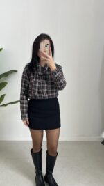 Yakası Fularlı Ekose Gömlek - Antrasit - Görsel 3