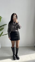 Yakası Fularlı Ekose Gömlek - Antrasit - Görsel 2