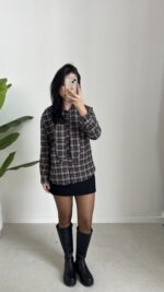 Yakası Fularlı Ekose Gömlek - Antrasit - Görsel 6