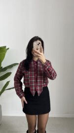 Yakası Fularlı Ekose Gömlek - Bordo - Görsel 2