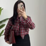 Yakası Fularlı Ekose Gömlek - Bordo