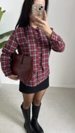 Yakası Fularlı Ekose Gömlek - Bordo - Görsel 7