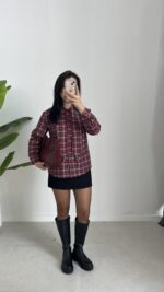 Yakası Fularlı Ekose Gömlek - Bordo - Görsel 5