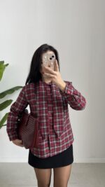 Yakası Fularlı Ekose Gömlek - Bordo - Görsel 6