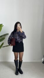 Yakası Fularlı Ekose Gömlek - Lacivert - Görsel 6