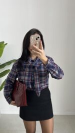 Yakası Fularlı Ekose Gömlek - Lacivert - Görsel 5