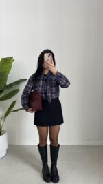 Yakası Fularlı Ekose Gömlek - Lacivert - Görsel 3