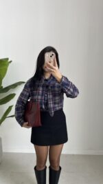 Yakası Fularlı Ekose Gömlek - Lacivert