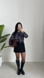 Yakası Fularlı Ekose Gömlek - Lacivert - Görsel 4