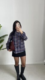 Yakası Fularlı Ekose Gömlek - Lacivert - Görsel 7