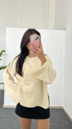 Yırtmaçlı Çelik Triko - Krem - Görsel 3