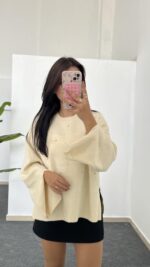 Yırtmaçlı Çelik Triko - Krem - Görsel 2