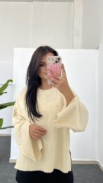 Yırtmaçlı Çelik Triko - Krem