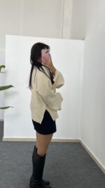 Yırtmaçlı Çelik Triko - Krem - Görsel 4