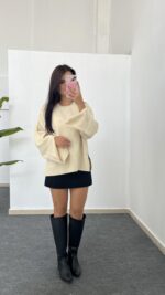 Yırtmaçlı Çelik Triko - Krem - Görsel 5