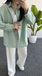 Yonca Keten Gömlek - Mint Yeşili - Görsel 7