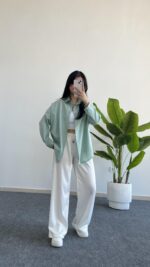 Yonca Keten Gömlek - Mint Yeşili - Görsel 3