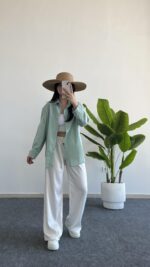 Yonca Keten Gömlek - Mint Yeşili - Görsel 4