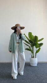 Yonca Keten Gömlek - Mint Yeşili - Görsel 2