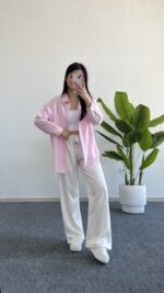 Yonca Keten Gömlek - Pembe - Görsel 6