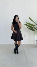 Zincir Aksesuarlı Vatkalı Selanik Elbise - Kahve - Görsel 2