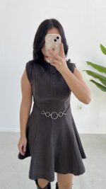 Zincir Aksesuarlı Vatkalı Selanik Elbise - Kahve - Görsel 8